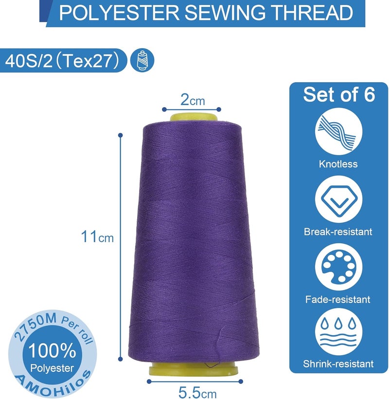 AMOHilos Polyester Sewing Thread All Purpose Knotless 40S/2 (Tex27) 6 Cones of 2750 Yards Each Spool Thread Total 16500 Yards for Serger Sewing Machine Quilting Piecing Hand Stitching (Purple) - Image 3